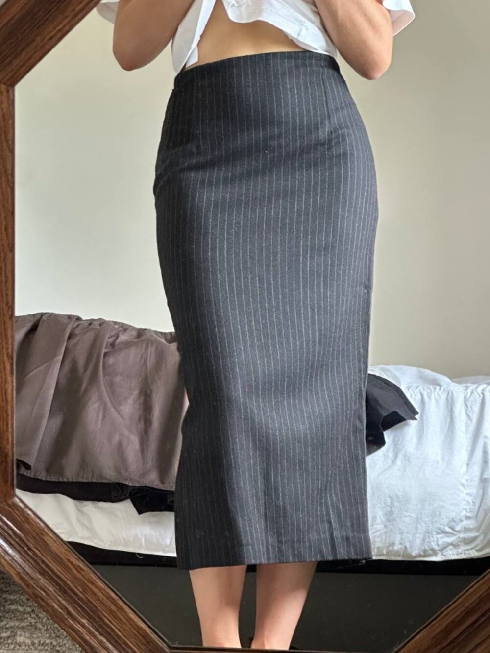 Striped Wool Midi Pencil Skirt